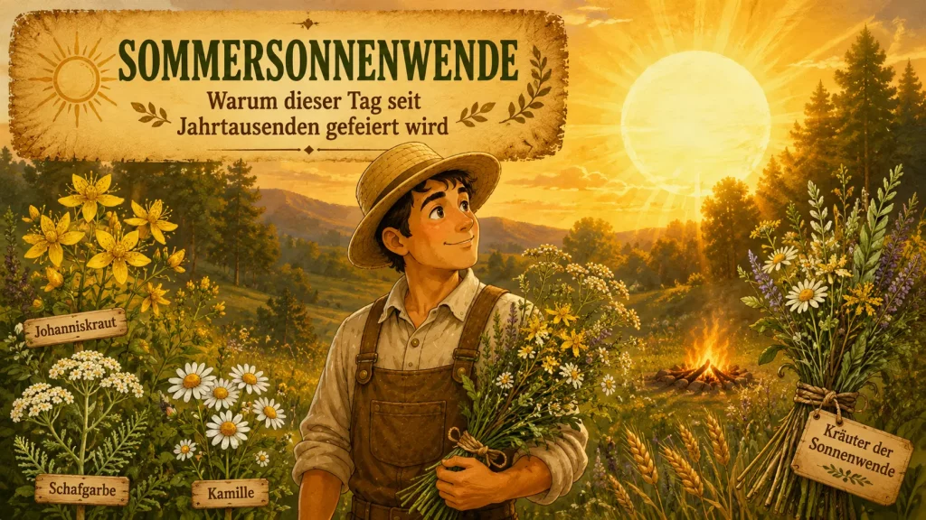 Sommersonnenwende mit Selbstversorger-Maskottchen auf einer Sommerwiese bei Sonnenuntergang zwischen Johanniskraut, Kamille und Kräutern der Sonnenwende.