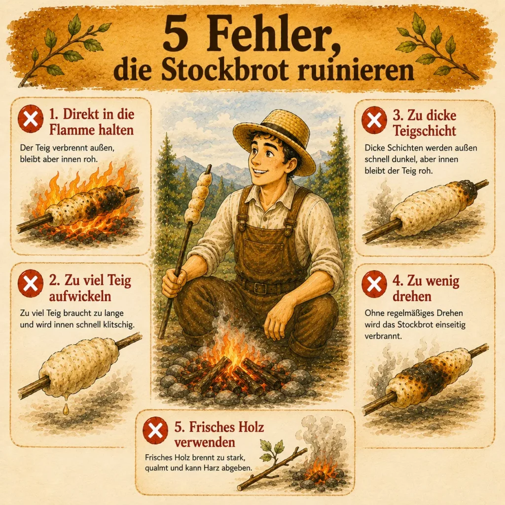 Infografik mit fünf typischen Fehlern beim Stockbrotbacken am Lagerfeuer.
