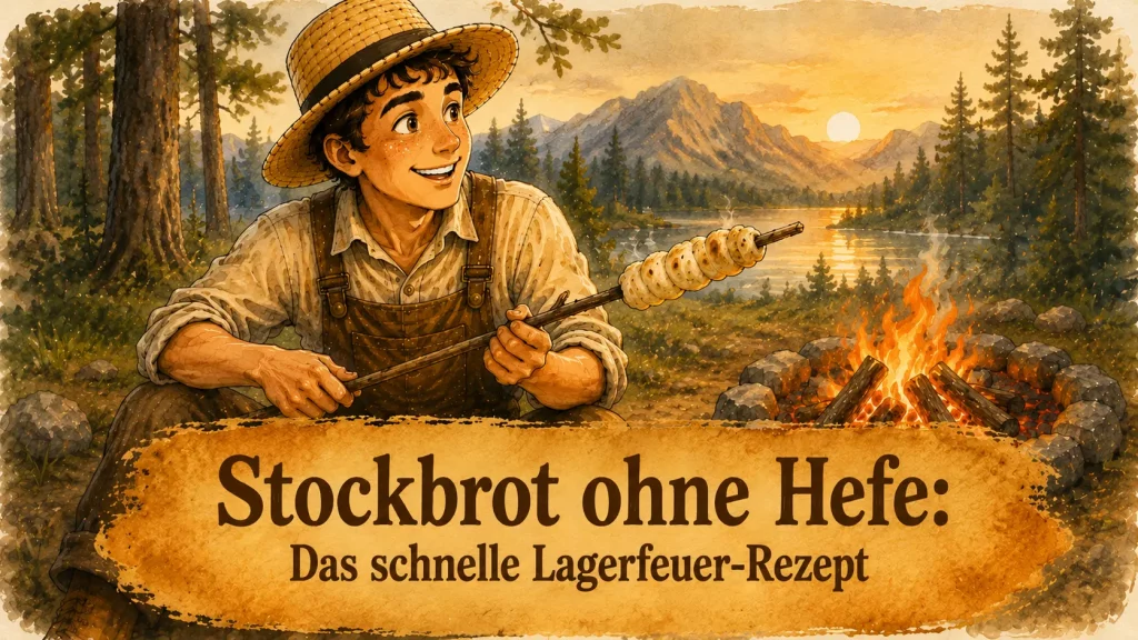 Maskottchen backt Stockbrot ohne Hefe über einem Lagerfeuer in der Natur.