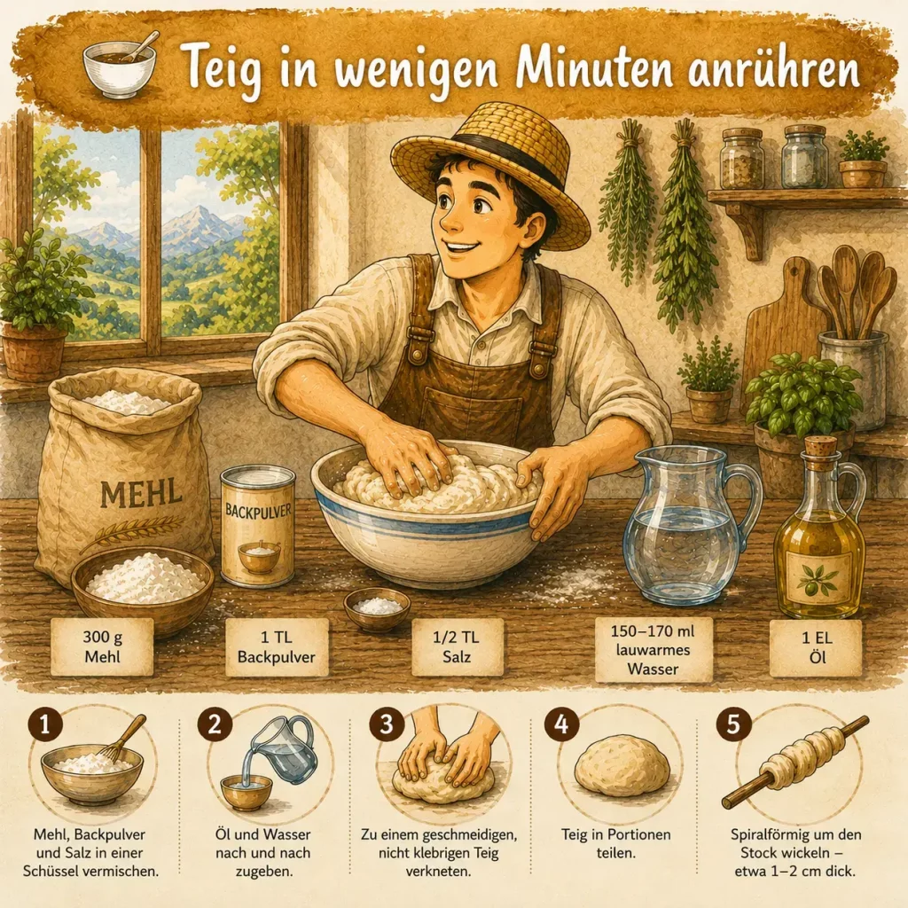 Stockbrotteig wird mit Mehl, Wasser, Öl, Salz und Backpulver angerührt.