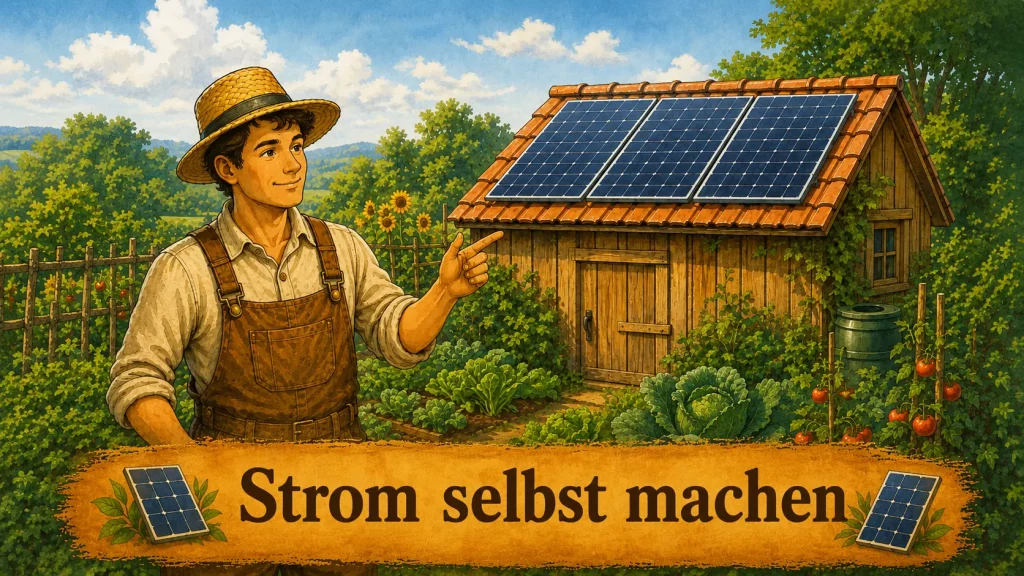 Selbstversorger mit Solaranlage auf einem Gartenhaus zur eigenen Stromerzeugung im naturnahen Garten