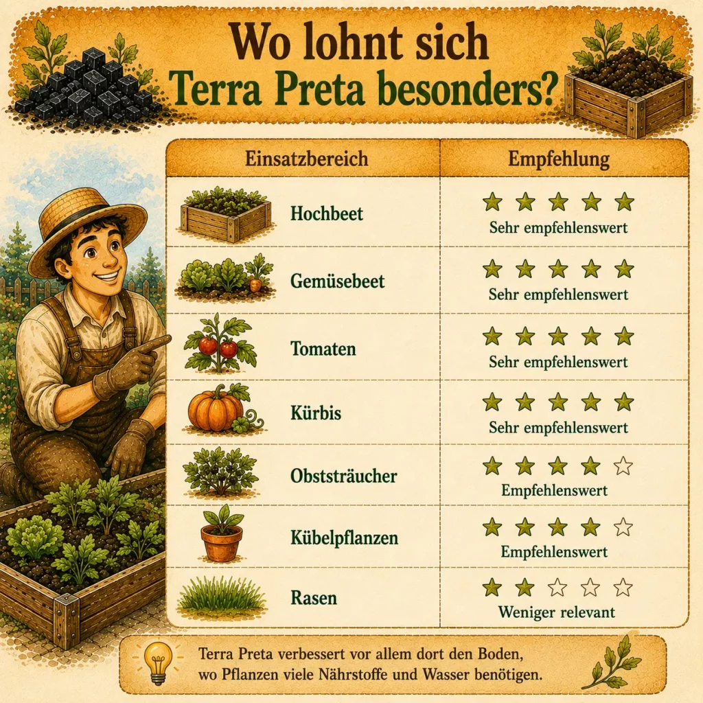 Infografik zeigt, wo sich Terra Preta besonders lohnt – Hochbeet, Gemüsebeet, Tomaten, Kürbis, Obststräucher und Kübelpflanzen