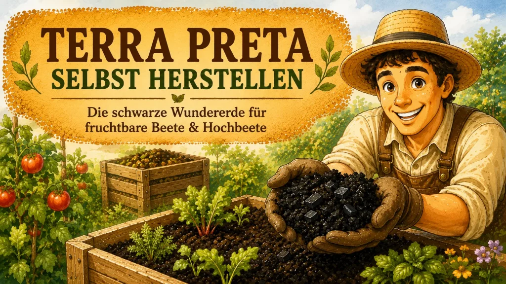 Terra Preta selber herstellen mit Pflanzenkohle im Hochbeet – Maskottchen zeigt die schwarze Wundererde für fruchtbare Beete