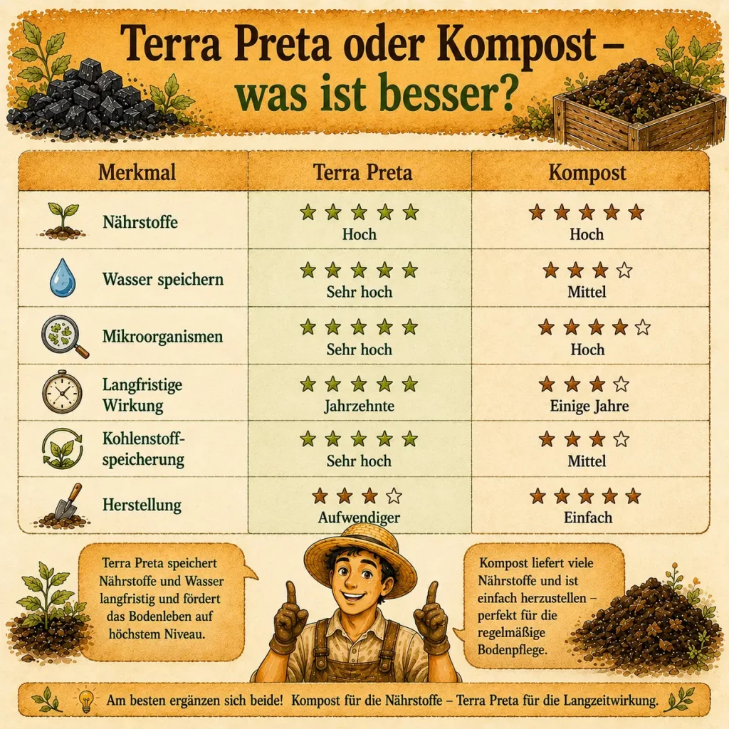 Vergleich von Terra Preta und Kompost mit Vorteilen bei Nährstoffspeicherung, Wasserhaltevermögen und Bodenleben