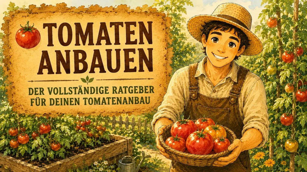 Tomaten anbauen: Selbstversorger zeigt einen Korb mit reifen Tomaten vor üppigen Tomatenpflanzen im Garten.