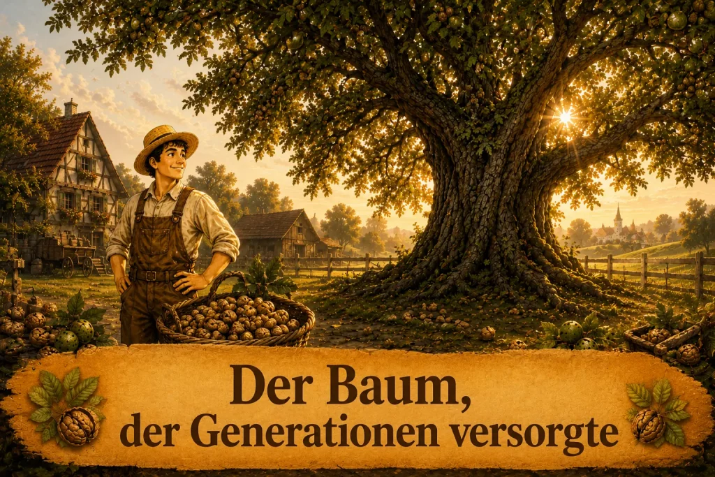 Alter Walnussbaum auf einem Bauernhof mit Selbstversorger-Maskottchen und Korb voller Walnüsse in goldener Herbststimmung