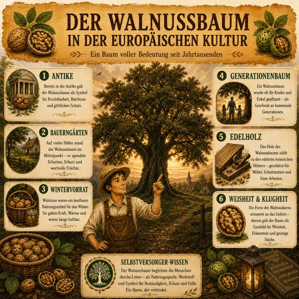 Infografik zur kulturellen Bedeutung des Walnussbaums mit Antike, Bauerngärten, Wintervorrat, Edelholz, Generationenbaum und Symbolik