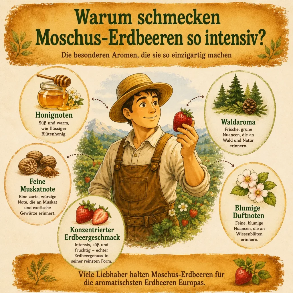 Infografik zu den besonderen Aromen der Moschus-Erdbeere mit Honignoten, Muskatnote, Waldaroma, blumigen Duftnoten und intensivem Erdbeergeschmack.