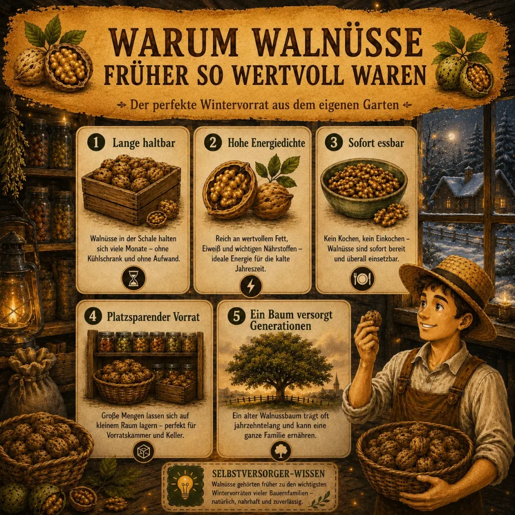 Infografik über die Bedeutung von Walnüssen als Wintervorrat mit Lagerung, Energiedichte, Haltbarkeit und Selbstversorgung