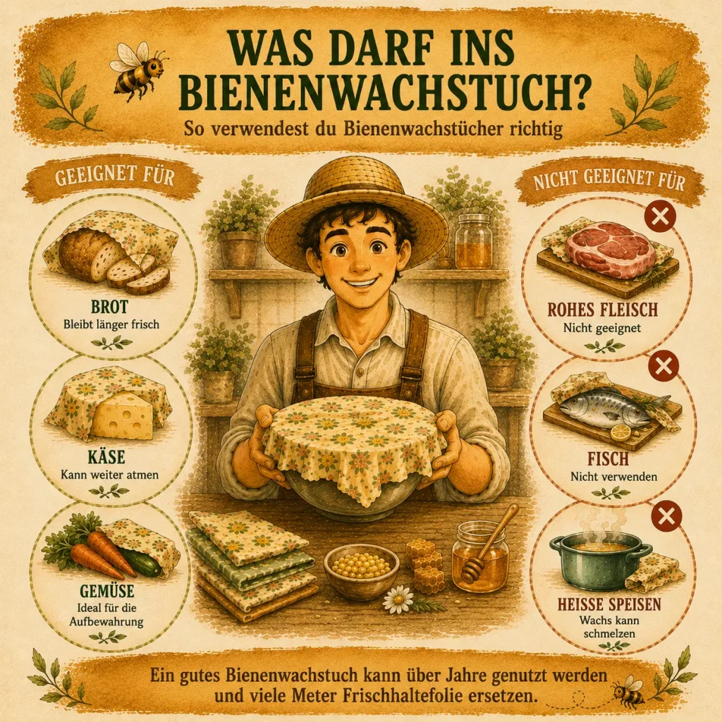 Infografik zeigt geeignete und ungeeignete Lebensmittel für Bienenwachstücher sowie die richtige Verwendung im Alltag