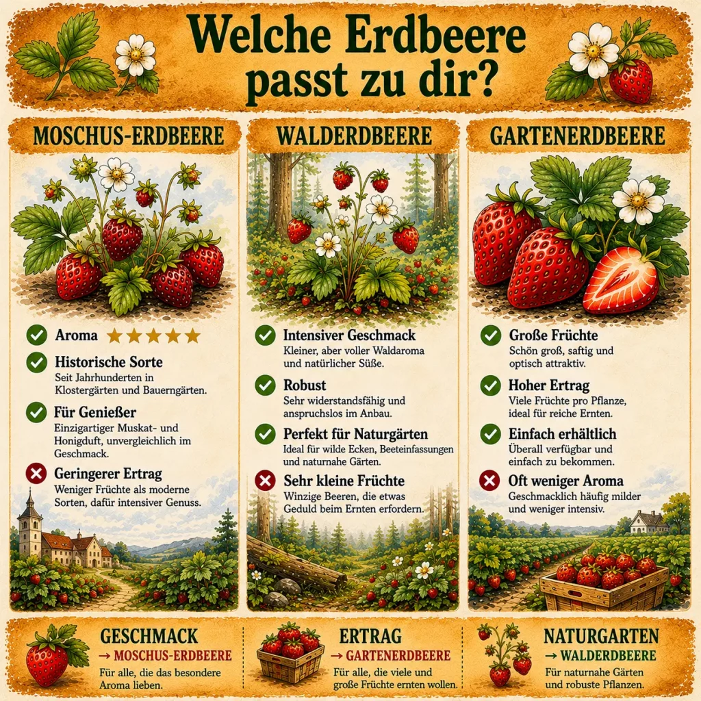 Vergleich von Moschus-Erdbeere, Walderdbeere und Gartenerdbeere mit Unterschieden bei Aroma, Ertrag, Fruchtgröße und Eignung für Naturgärten.