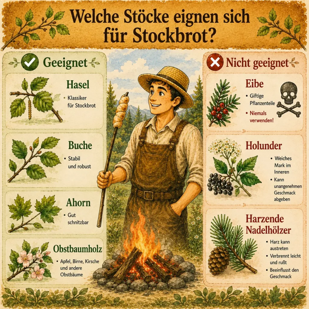 Infografik zeigt geeignete und ungeeignete Holzarten für Stockbrot am Lagerfeuer.