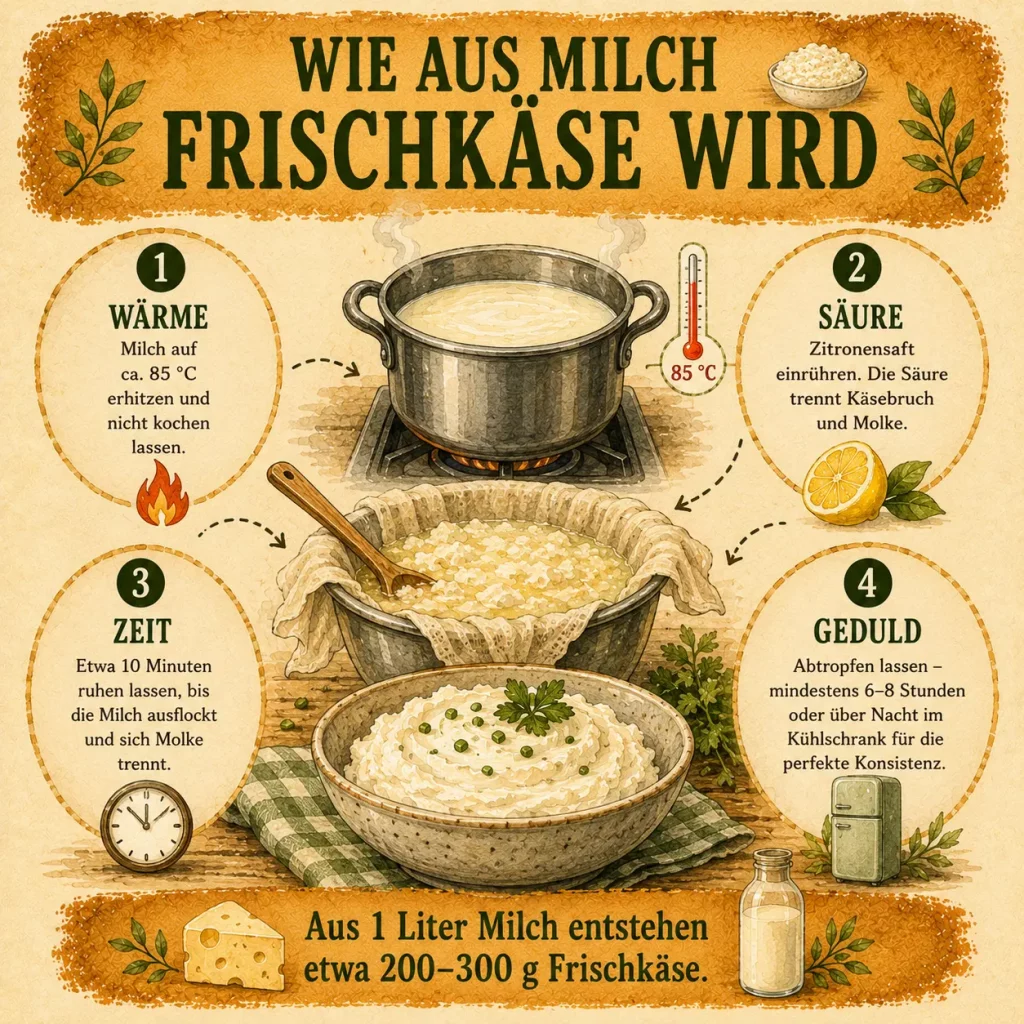 Infografik zur Herstellung von Frischkäse aus Milch mit Wärme, Säure, Zeit und Abtropfen