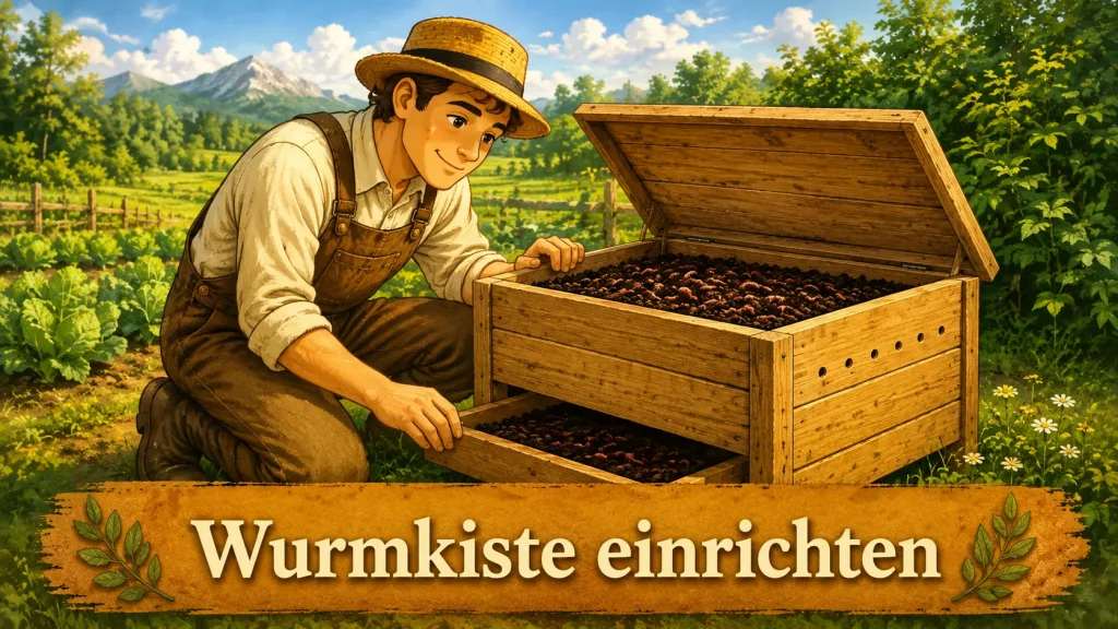 Selbst gebaute Wurmkiste mit Kompostwürmern zur Herstellung von Wurmhumus im Garten
