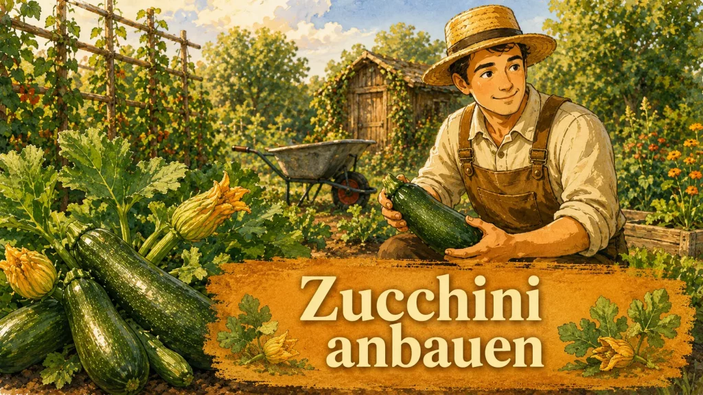 Selbstversorger erntet frische Zucchini im Gemüsegarten zwischen großen Zucchinipflanzen und Blüten