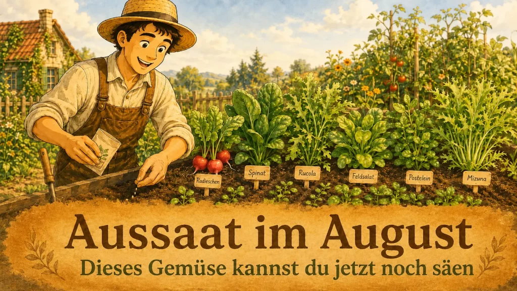 Illustration zur Aussaat im August mit Gärtner, Radieschen, Spinat, Rucola, Feldsalat, Winterportulak und Mizuna im Gemüsebeet