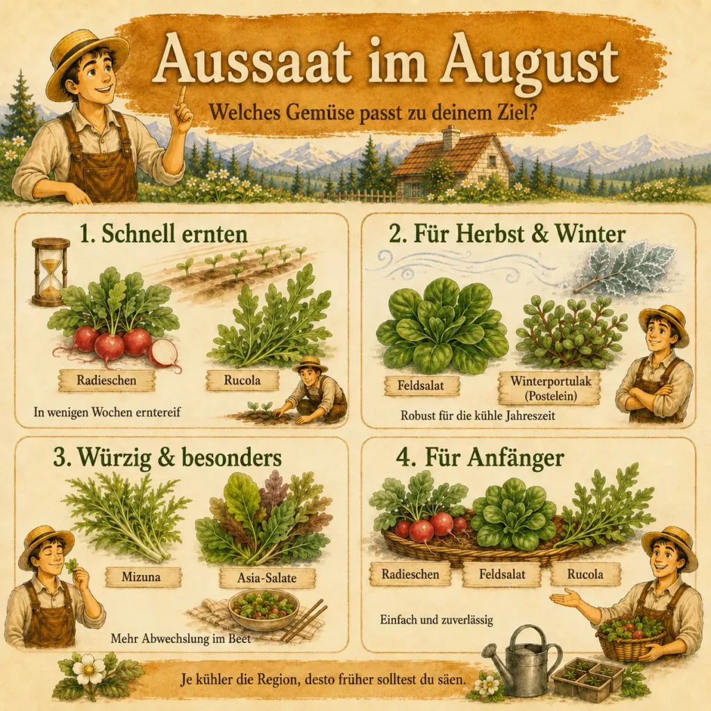 Infografik zur Aussaat im August mit Gemüse für schnelle Ernte, Herbst und Winter, besondere Sorten und Anfänger