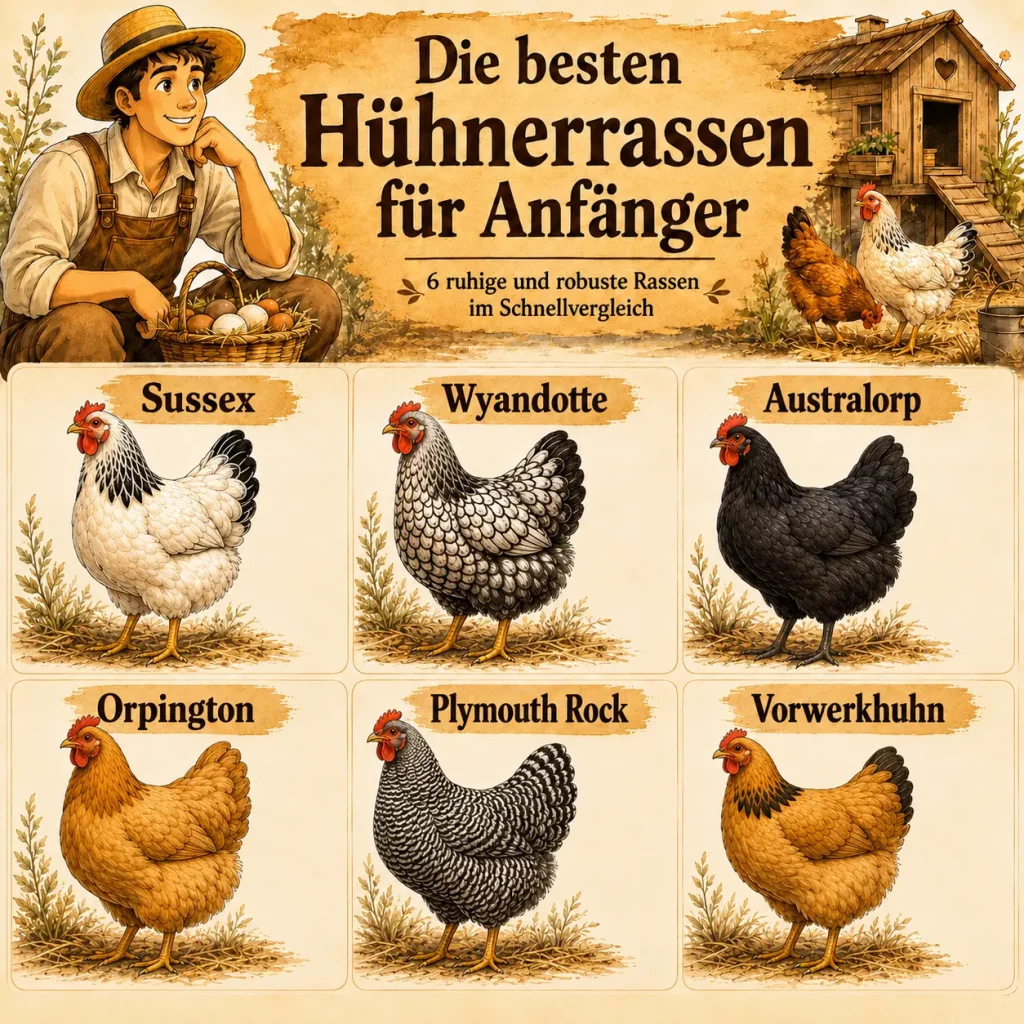 Infografik mit Sussex, Wyandotte, Australorp, Orpington, Plymouth Rock und Vorwerkhuhn im Überblick