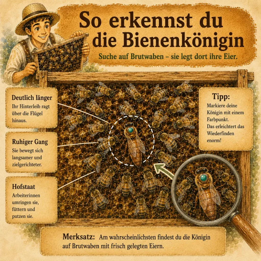 Infografik mit den wichtigsten Merkmalen der Bienenkönigin wie Körperbau, Hofstaat und Brutwaben.