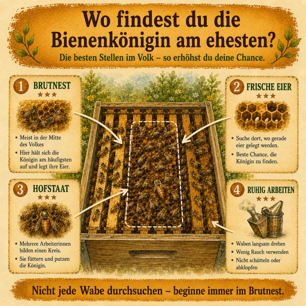 Infografik zeigt, wo sich die Bienenkönigin im Bienenvolk am häufigsten aufhält und wie Anfänger sie finden.