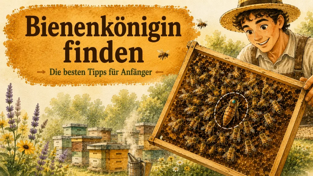 Imker betrachtet einen Wabenrahmen mit markierter Bienenkönigin – Tipps zum Finden der Königin für Anfänger.