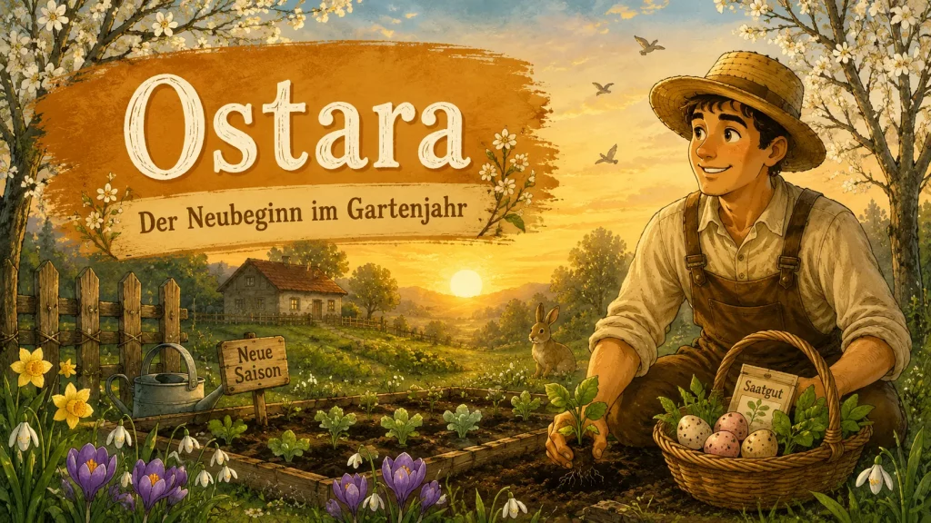 Maskottchen pflanzt einen Setzling im Frühlingsgarten zu Ostara während des Sonnenaufgangs mit blühenden Obstbäumen und Osterhase.