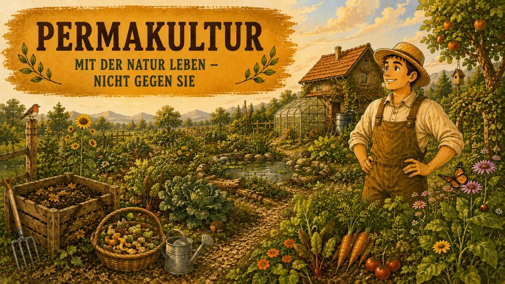 Permakultur-Garten mit Kompost, Teich, Mischkultur und Gärtner – nachhaltige Selbstversorgung im naturnahen Garten.