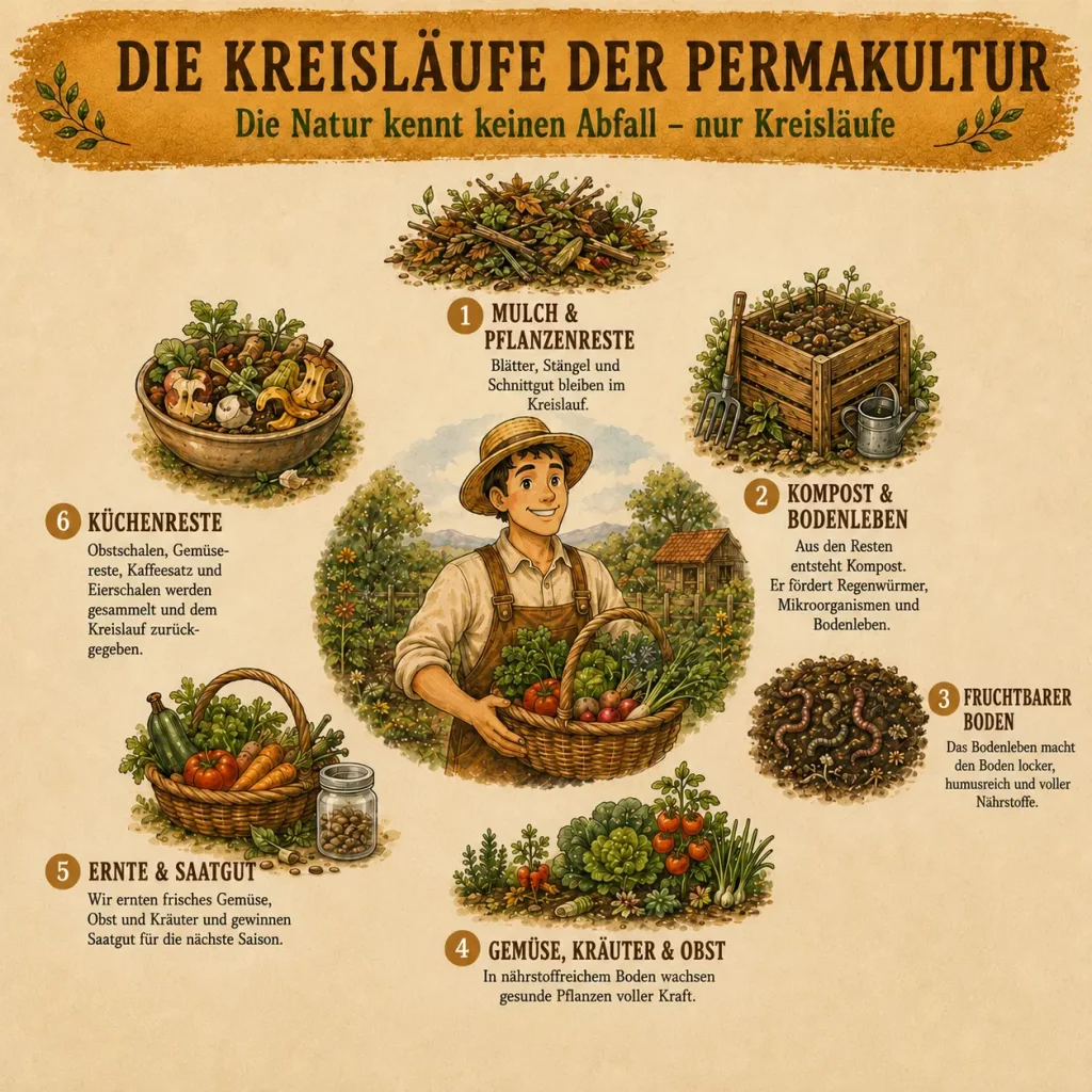 Infografik zum Permakultur-Kreislauf mit Mulch, Kompost, Bodenleben, Gemüse, Ernte und Küchenresten.
