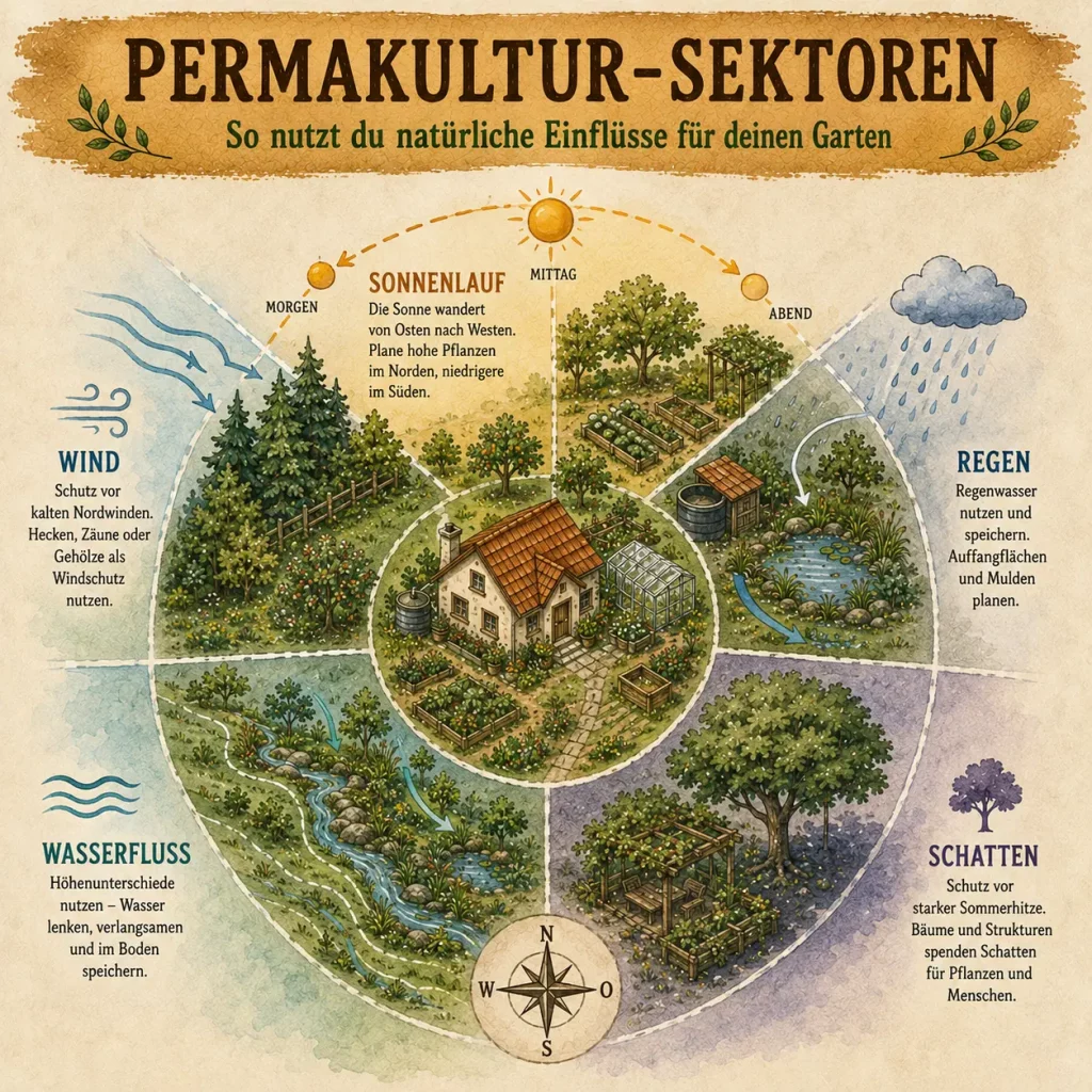 Infografik zu den Permakultur-Sektoren mit Sonnenlauf, Wind, Regen, Wasserfluss und Schatten.