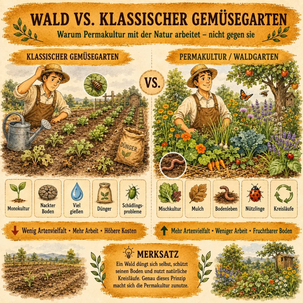 Vergleich zwischen klassischem Gemüsegarten und Permakultur-Waldgarten mit Monokultur, Mischkultur und Bodenleben.