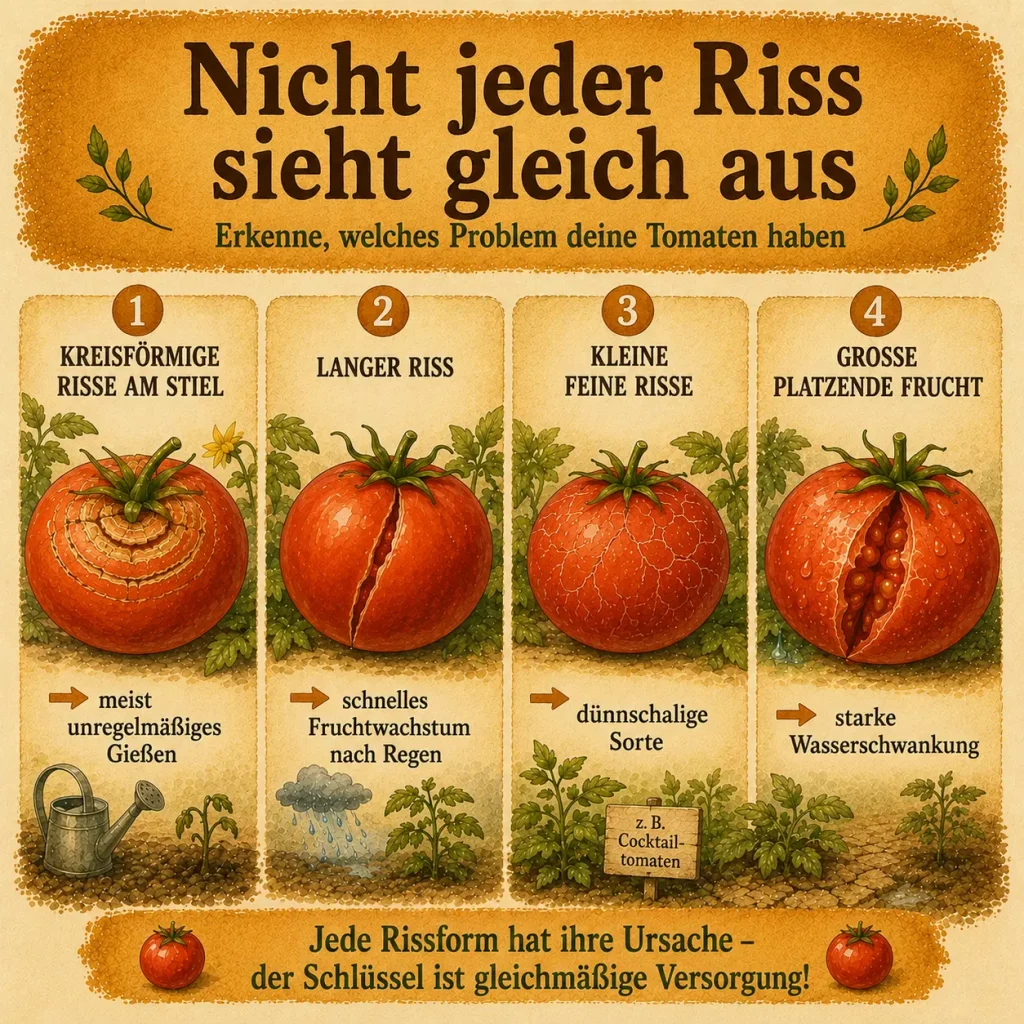 Infografik zeigt verschiedene Arten von Rissen an Tomaten und ihre häufigsten Ursachen