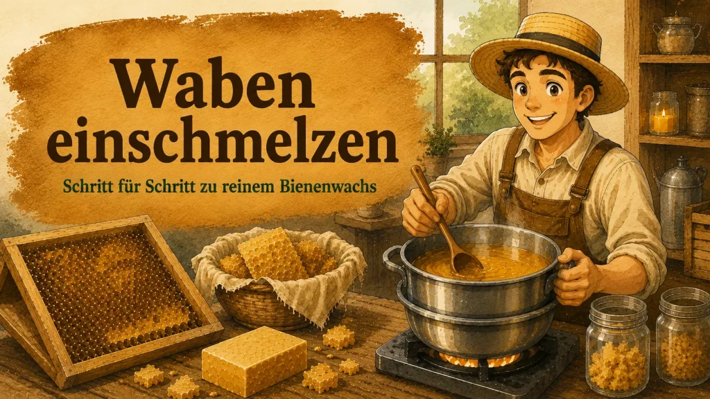 Selbstversorger schmilzt Bienenwaben im Wasserbad ein und gewinnt reines Bienenwachs – Schritt-für-Schritt-Anleitung.