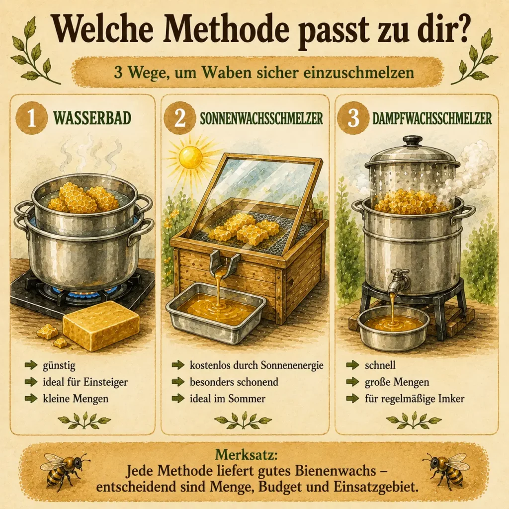 Vergleich von Wasserbad, Sonnenwachsschmelzer und Dampfwachsschmelzer zum sicheren Einschmelzen von Bienenwaben.