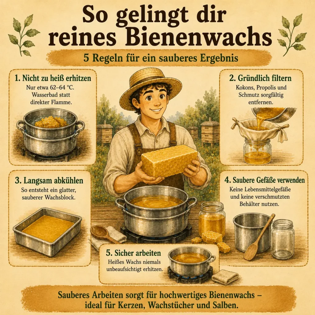 Infografik mit fünf Regeln für sauberes und sicheres Waben einschmelzen sowie hochwertiges Bienenwachs.