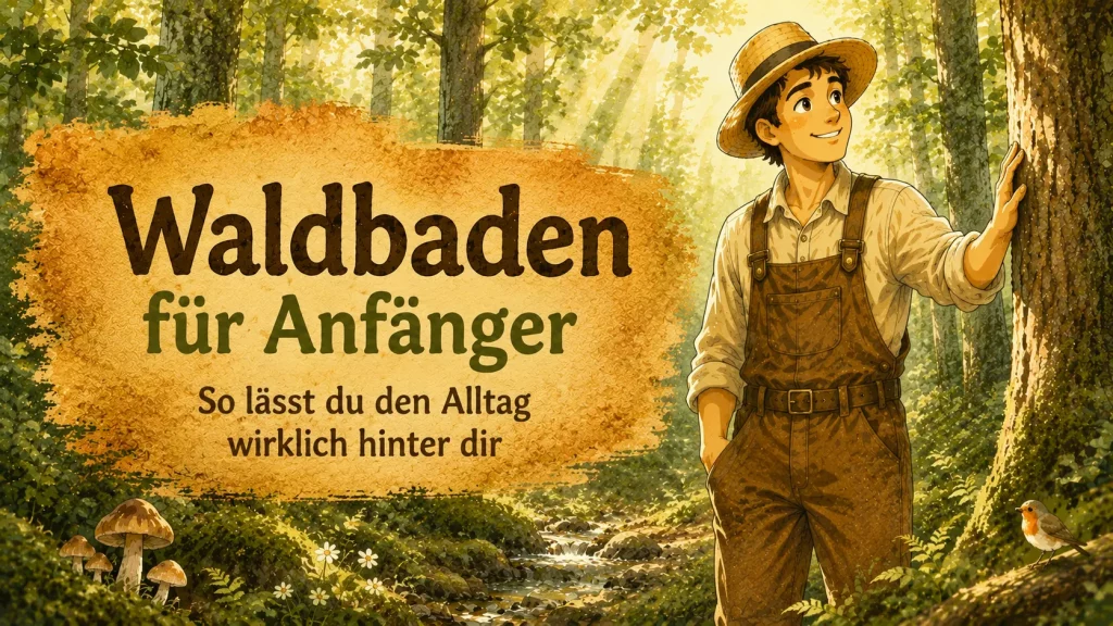 Maskottchen beim Waldbaden im sonnendurchfluteten Wald mit dem Titel „Waldbaden für Anfänger – So lässt du den Alltag wirklich hinter dir“.