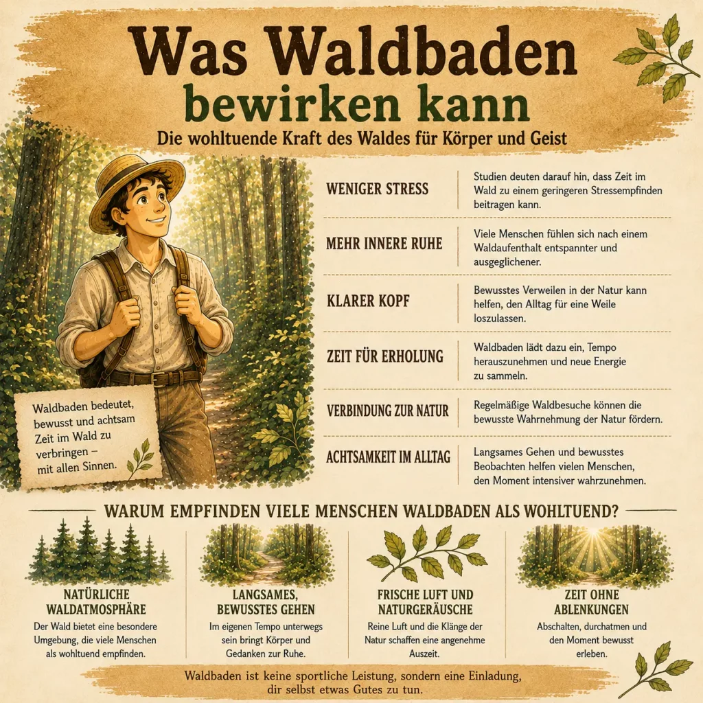 Infografik über Waldbaden mit den wichtigsten möglichen Wirkungen, einer kurzen Erklärung und den Grundlagen des achtsamen Aufenthalts im Wald.