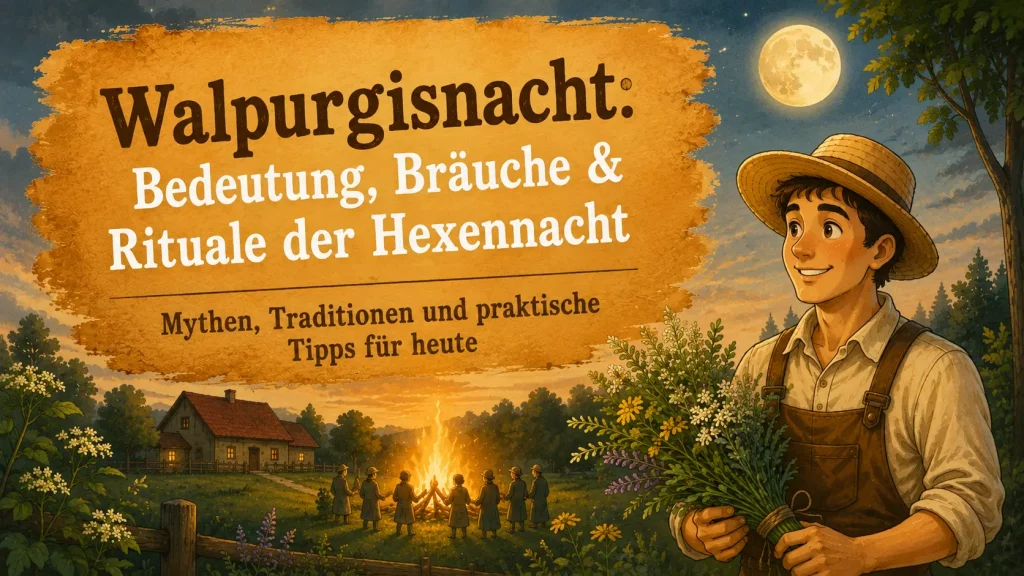 Maskottchen mit Kräuterbüschel vor Walpurgisfeuer bei Vollmond – Walpurgisnacht mit Bräuchen und Traditionen