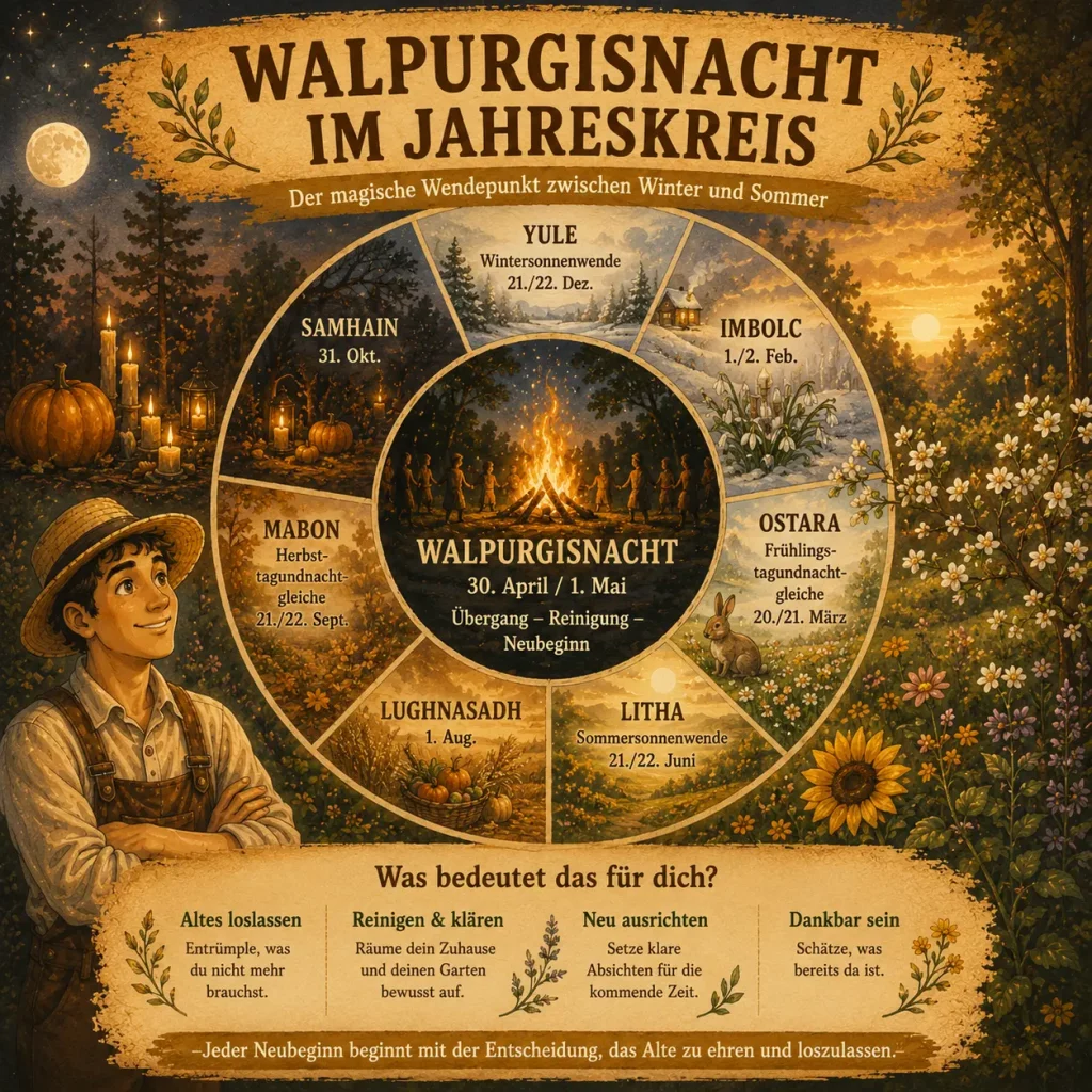 Infografik zur Walpurgisnacht im Jahreskreis mit den acht Jahreskreisfesten und ihrer Bedeutung