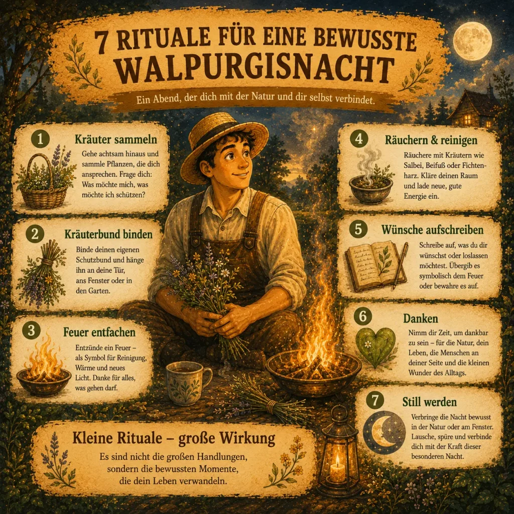 Infografik mit sieben naturverbundenen Ritualen für eine bewusste Walpurgisnacht