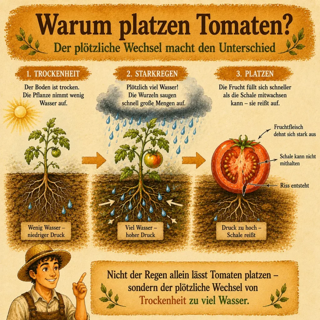 Infografik erklärt Schritt für Schritt, warum Tomaten nach Trockenheit und Starkregen platzen