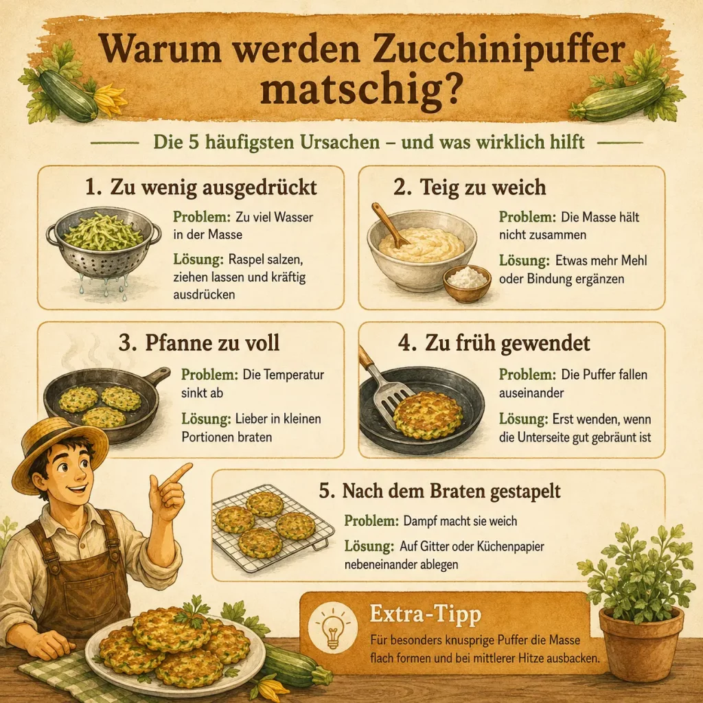 Infografik mit fünf Ursachen für matschige Zucchinipuffer und passenden Lösungen
