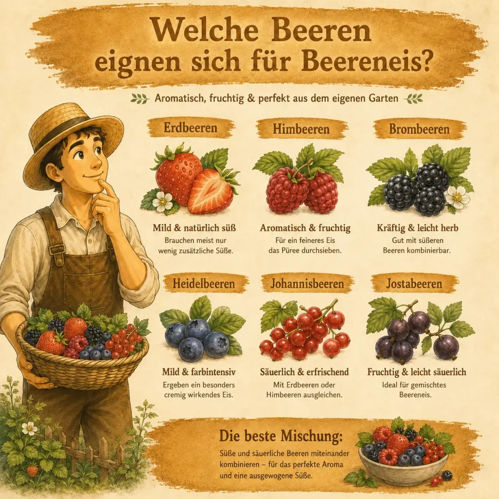 Infografik mit geeigneten Gartenbeeren für Beereneis und dem Selbstversorger-Maskottchen