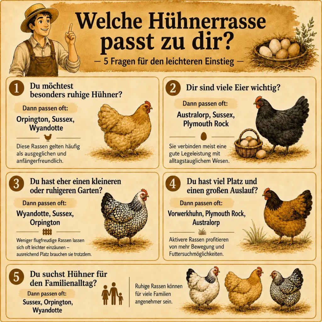 Infografik zur Auswahl der passenden Hühnerrasse nach Ruhe, Legeleistung, Platz und Familienalltag
