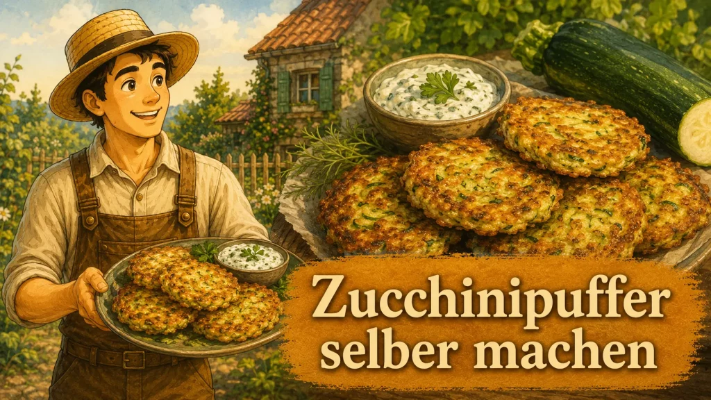 Maskottchen präsentiert knusprige Zucchinipuffer mit Kräuterquark und frischen Zucchini aus dem Garten