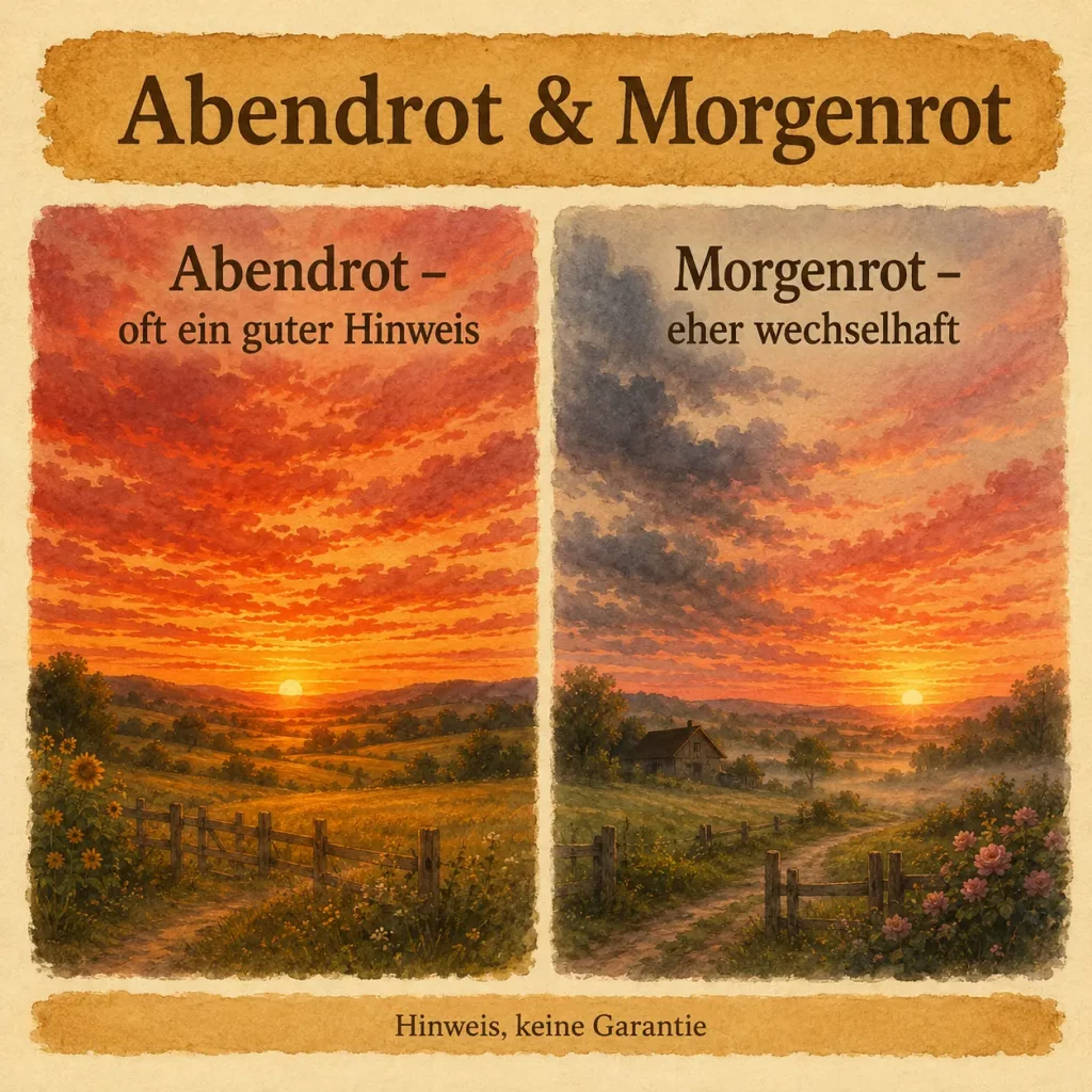 Vergleichs-Infografik zu Abendrot und Morgenrot mit rotem Abendhimmel als Hinweis auf stabiles Wetter und Morgenrot als Hinweis auf Wetterwechsel