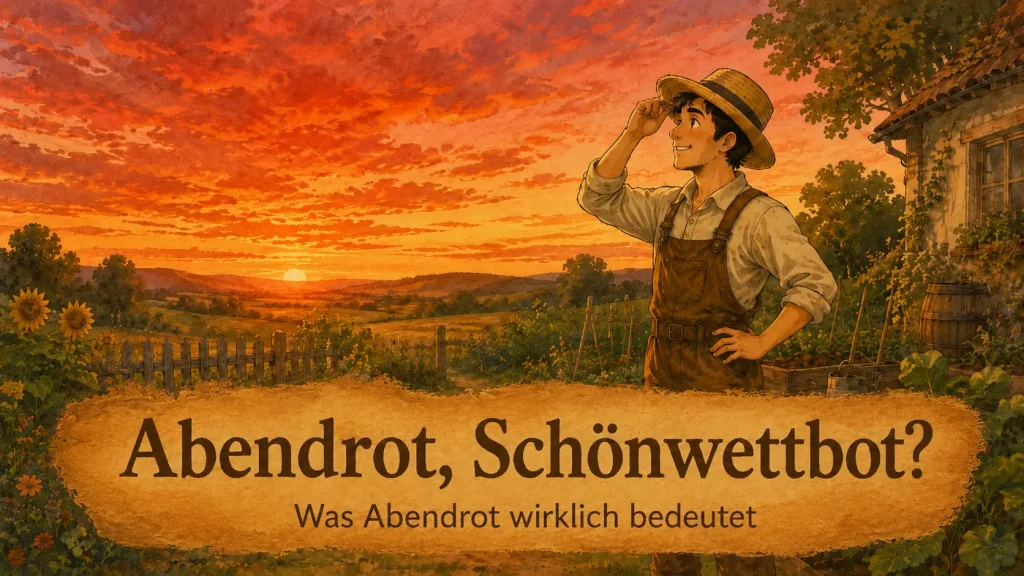 Maskottchen im Garten vor leuchtend rotem Abendhimmel mit dem Titel Abendrot, Schönwettbot? Was Abendrot wirklich bedeutet