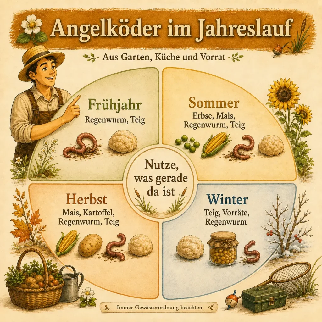 Infografik zu Angelködern im Jahreslauf mit Frühjahr, Sommer, Herbst und Winter sowie passenden Ködern aus Garten, Küche und Vorrat