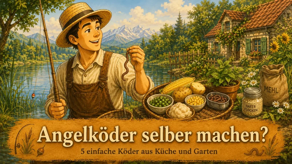 Maskottchen am See mit Angelrute und Regenwurm sowie einfachen Angelködern aus Küche und Garten wie Mais, Kartoffeln, Erbsen und Teig