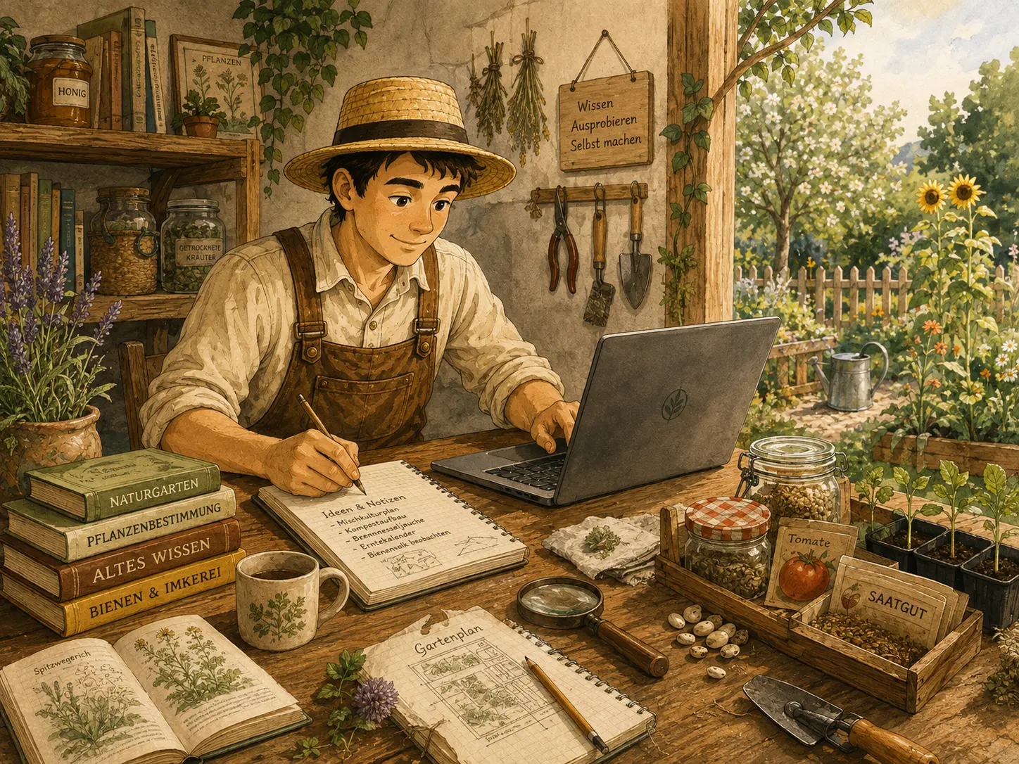Illustration zur Entstehung der Inhalte von Dein Selbstversorger mit Recherche, Gartenwissen und praktischer Arbeit