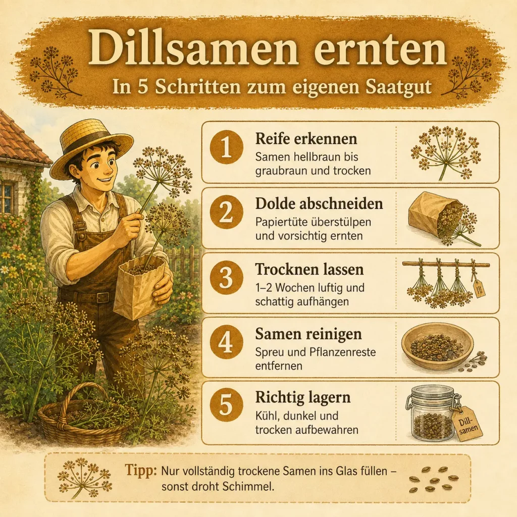 Infografik mit fünf Schritten zum Ernten, Trocknen, Reinigen und Lagern von Dillsamen